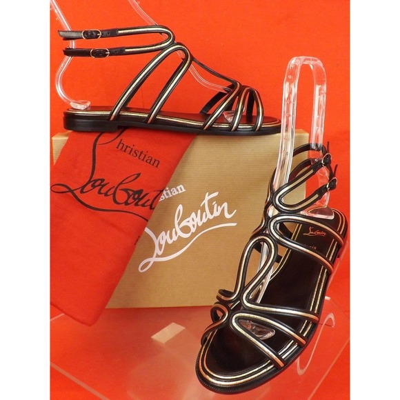 NIB LOUBOUTIN ZENOSANDY BLACK LEATHER CAGED BUCKLES FLATS GLADIATOR SANDALS 38.5 - Picture 1 of 12